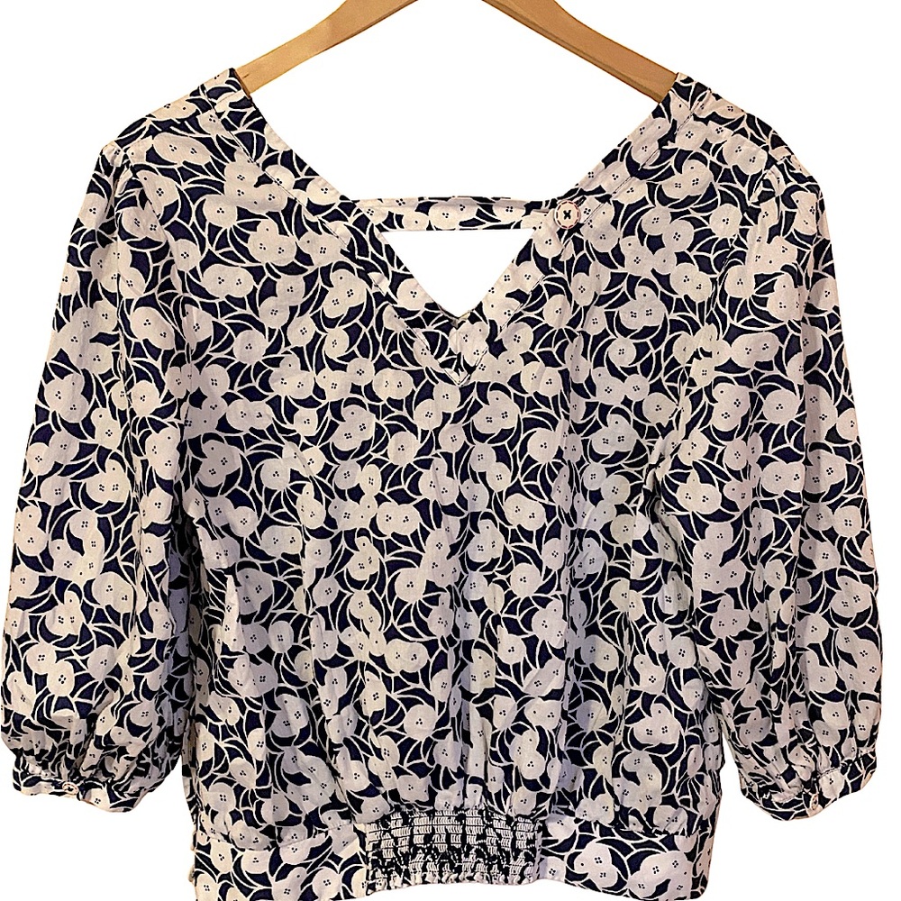 Anthropologie Postmark lightweight cotton print puff sleeve top blue M